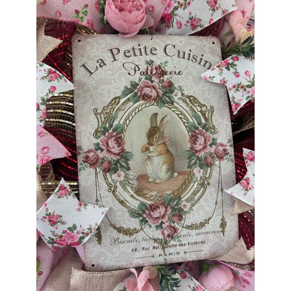 Victorian Style Vintage Bunny Rabbit Mesh Ribbon Spring Wreath, Door Hanger xxx - Picture 2 of 8